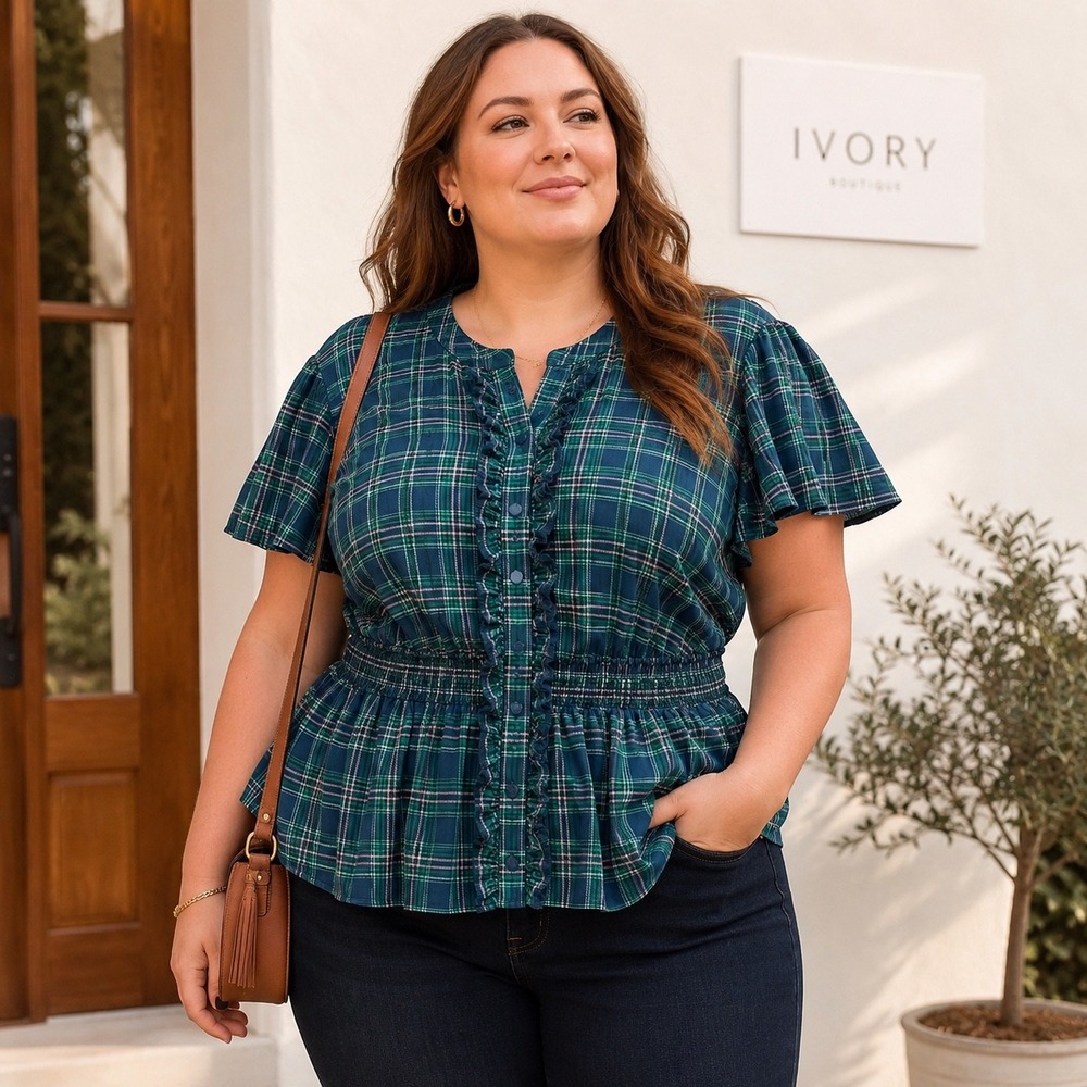 Torrid Plaid Ruffle Smocked Blouse Cottagecore Womens Green Blue Size 2